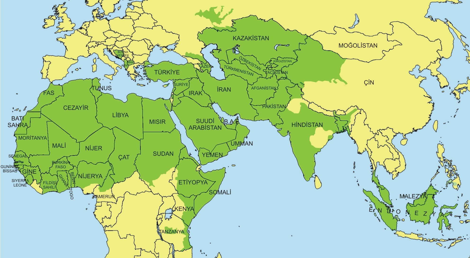 Müslüman nüfusun yoğun bulunduğu ülkeleri gösteren harita